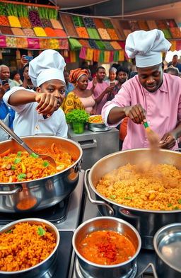 A vibrant and colorful scene depicting a lively cooking competition between two chefs making Jollof rice