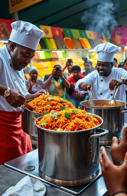 A vibrant and colorful scene depicting a lively cooking competition between two chefs making Jollof rice