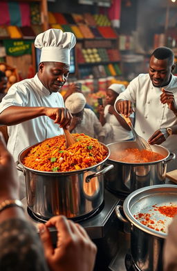 A vibrant and colorful scene depicting a lively cooking competition between two chefs making Jollof rice