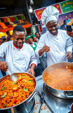 A vibrant and colorful scene depicting a lively cooking competition between two chefs making Jollof rice