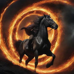 The brave man summons a swirling black hole, its formidable power suctions the fiery chaos around. The sight of this spectacle sends the invading horsemen into a panicked retreat, their courage faltering against this mysterious force.