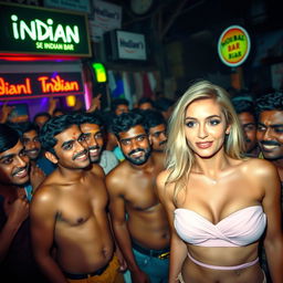 A blonde female in a strapless bikini, appearing both surprised and curious, surrounded by a dense crowd of Indian men outside a cheap Indian bar