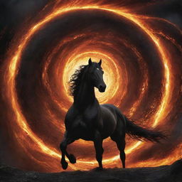 The brave man summons a swirling black hole, its formidable power suctions the fiery chaos around. The sight of this spectacle sends the invading horsemen into a panicked retreat, their courage faltering against this mysterious force.