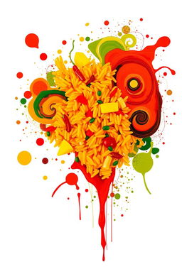 An abstract art piece representing Jollof rice, with vibrant colors such as red, yellow, and green to depict the ingredients like tomatoes, bell peppers, and spices