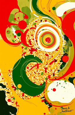 An abstract art piece representing Jollof rice, with vibrant colors such as red, yellow, and green to depict the ingredients like tomatoes, bell peppers, and spices