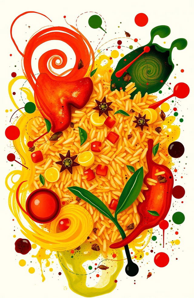 An abstract art piece representing Jollof rice, with vibrant colors such as red, yellow, and green to depict the ingredients like tomatoes, bell peppers, and spices