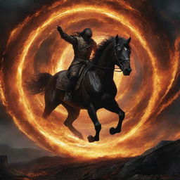 The brave man summons a swirling black hole, its formidable power suctions the fiery chaos around. The sight of this spectacle sends the invading horsemen into a panicked retreat, their courage faltering against this mysterious force.