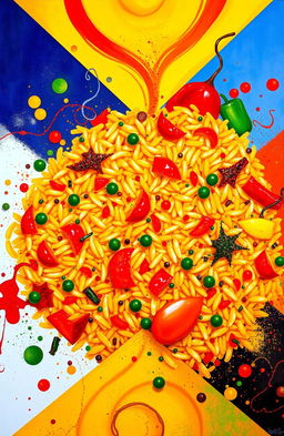 An abstract art piece representing Jollof rice, with vibrant colors such as red, yellow, and green to depict the ingredients like tomatoes, bell peppers, and spices