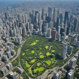 A vibrant sprawling city with towering skyscrapers, winding roads, and lush green parks, under a clear blue sky