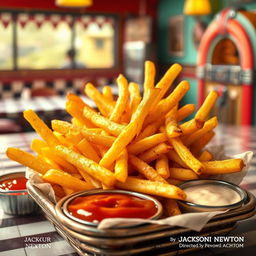 A vibrant scene depicting the deliciousness of French fries, showcasing crispy golden fries piled high in a rustic basket