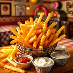 A vibrant scene depicting the deliciousness of French fries, showcasing crispy golden fries piled high in a rustic basket