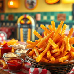 A vibrant scene depicting the deliciousness of French fries, showcasing crispy golden fries piled high in a rustic basket