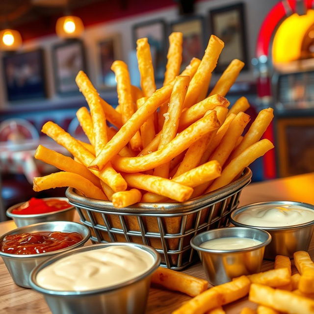 A vibrant scene depicting the deliciousness of French fries, showcasing crispy golden fries piled high in a rustic basket