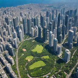 A vibrant sprawling city with towering skyscrapers, winding roads, and lush green parks, under a clear blue sky