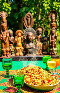 A vibrant and colorful depiction of a traditional African banquet featuring Jollof rice as the centerpiece