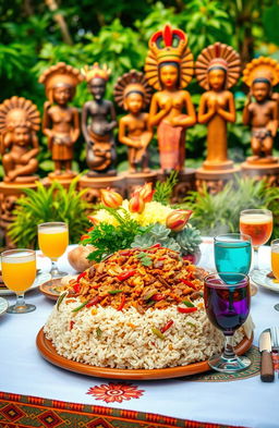 A vibrant and colorful depiction of a traditional African banquet featuring Jollof rice as the centerpiece