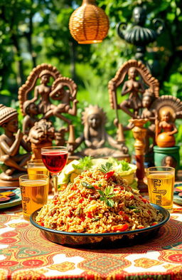 A vibrant and colorful depiction of a traditional African banquet featuring Jollof rice as the centerpiece