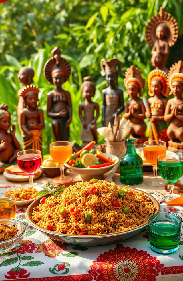 A vibrant and colorful depiction of a traditional African banquet featuring Jollof rice as the centerpiece