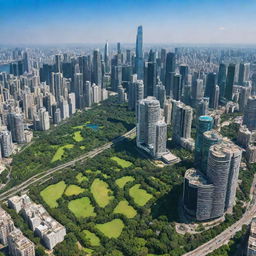 A vibrant sprawling city with towering skyscrapers, winding roads, and lush green parks, under a clear blue sky