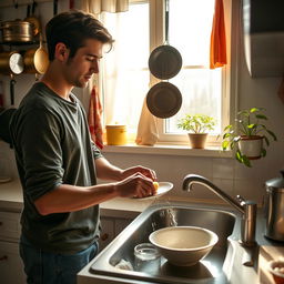 A cozy kitchen scene featuring a person washing dishes at a sink