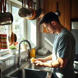 A cozy kitchen scene featuring a person washing dishes at a sink