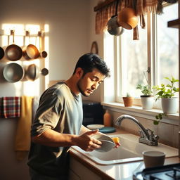 A cozy kitchen scene featuring a person washing dishes at a sink