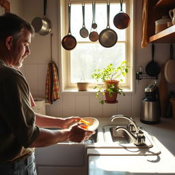 A cozy kitchen scene featuring a person washing dishes at a sink