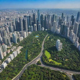 A vibrant sprawling city with towering skyscrapers, winding roads, and lush green parks, under a clear blue sky