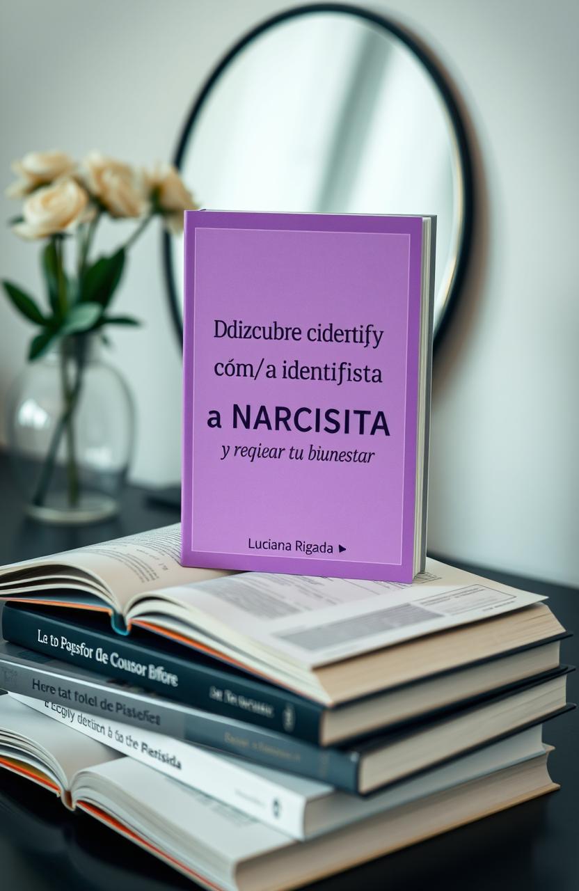 A highly realistic mockup of an ebook titled 'Descubre cómo identificar a un/a NARCISISTA y recuperar tu bienestar' by author 'Luciana Rigada ∞'