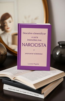 A highly realistic mockup of an ebook titled 'Descubre cómo identificar a un/a NARCISISTA y recuperar tu bienestar' by author 'Luciana Rigada ∞'