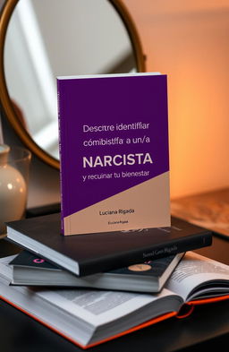 A highly realistic mockup of an ebook titled 'Descubre cómo identificar a un/a NARCISISTA y recuperar tu bienestar' by author 'Luciana Rigada ∞'