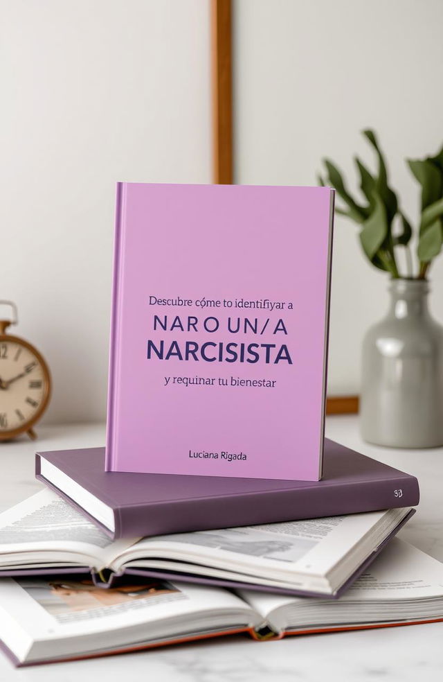 A highly realistic mockup of an ebook titled 'Descubre cómo identificar a un/a NARCISISTA y recuperar tu bienestar' by author 'Luciana Rigada ∞'