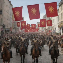 The previously described city, now with a formation of gallant horse riders storming through the streets, their banners billowing in the wind.