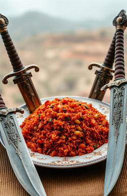 A vibrant plate of jollof rice, showcasing its rich red color with highlights of vegetables and spices, beautifully arranged in the center of the image