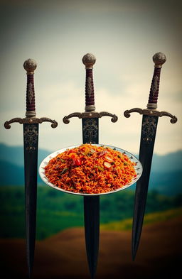 A vibrant plate of jollof rice, showcasing its rich red color with highlights of vegetables and spices, beautifully arranged in the center of the image
