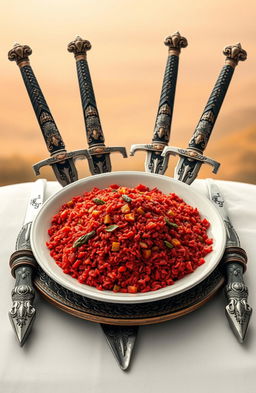 A vibrant plate of jollof rice, showcasing its rich red color with highlights of vegetables and spices, beautifully arranged in the center of the image