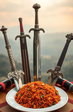 A vibrant plate of jollof rice, showcasing its rich red color with highlights of vegetables and spices, beautifully arranged in the center of the image