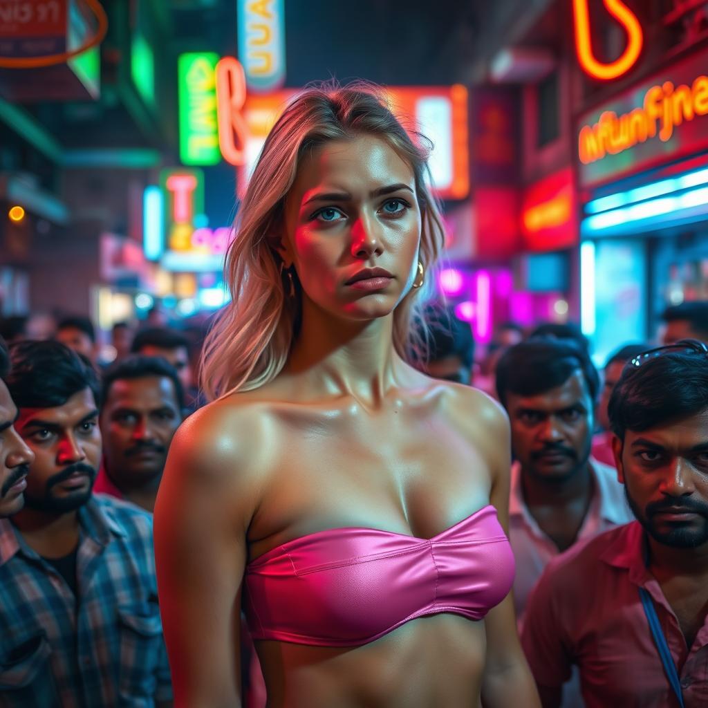 A sad blonde female in a strapless bikini, standing amid a dense crowd of Indian men in a red-light area at night