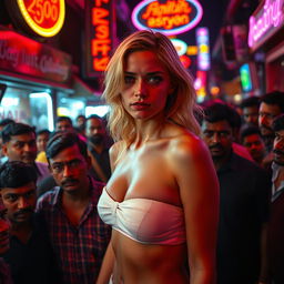 A sad blonde female in a strapless bikini, standing amid a dense crowd of Indian men in a red-light area at night