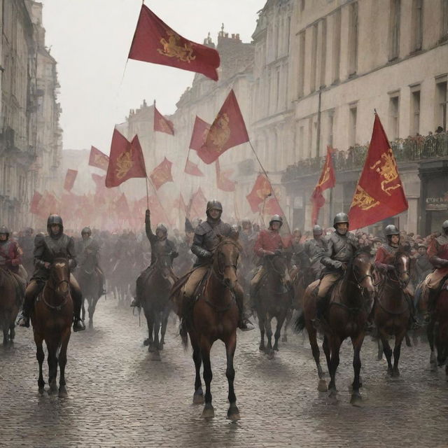 The previously described city, now with a formation of gallant horse riders storming through the streets, their banners billowing in the wind.