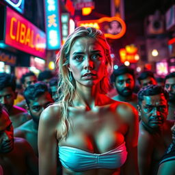 A sad blonde female in a strapless bikini, standing amid a dense crowd of Indian men in a red-light area at night