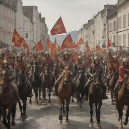 The previously described city, now with a formation of gallant horse riders storming through the streets, their banners billowing in the wind.