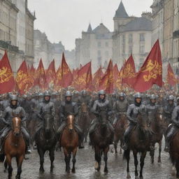 The previously described city, now with a formation of gallant horse riders storming through the streets, their banners billowing in the wind.