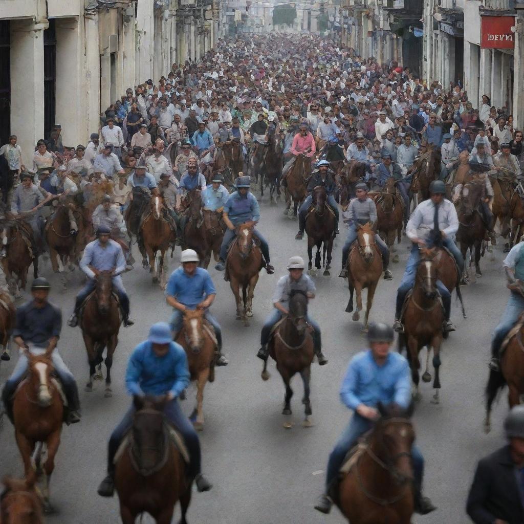 The vibrant city is in chaos, with people running in every direction, pursued by the previously described horse riders who are galloping through the streets, causing a sense of frenzy.