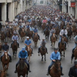 The vibrant city is in chaos, with people running in every direction, pursued by the previously described horse riders who are galloping through the streets, causing a sense of frenzy.