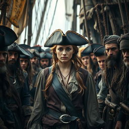 A sad American female pirate, dressed in traditional pirate attire, surrounded by a dense crowd of male pirates on an abandoned ship