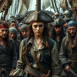 A sad American female pirate, dressed in traditional pirate attire, surrounded by a dense crowd of male pirates on an abandoned ship