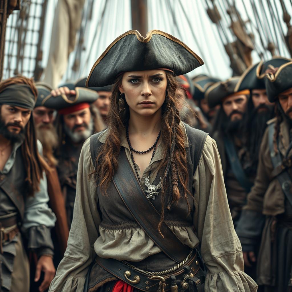 A sad American female pirate, dressed in traditional pirate attire, surrounded by a dense crowd of male pirates on an abandoned ship