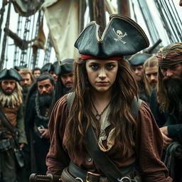 A sad American female pirate, dressed in traditional pirate attire, surrounded by a dense crowd of male pirates on an abandoned ship