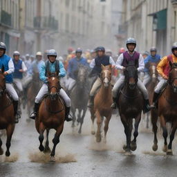 The vibrant city is in chaos, with people running in every direction, pursued by the previously described horse riders who are galloping through the streets, causing a sense of frenzy.